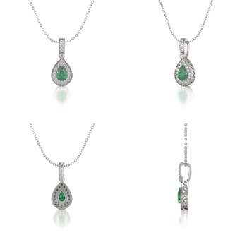 Collier Pendentif ADEN Or 585 Blanc Emeraude et Diamants Chaine Or 585 incluse 1.55grs