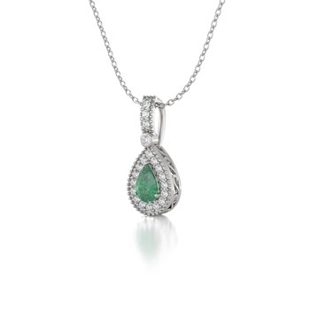 Collier Pendentif ADEN Or 585 Blanc Emeraude et Diamants Chaine Or 585 incluse 1.55grs