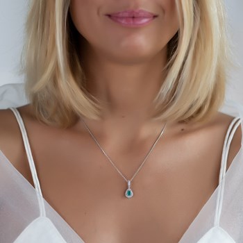 Collier Pendentif ADEN Or 585 Blanc Emeraude et Diamants Chaine Or 585 incluse 1.55grs