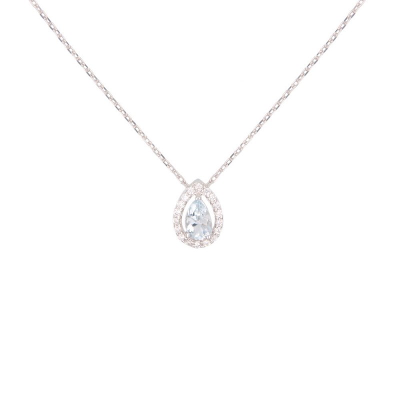 Collier Or Blanc Topaze Bleue en Goutte et Zirconiums - Femme