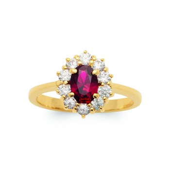 Bague Femme - Plaqué Or - Oxyde de zirconium - Pierre de synthèse rouge