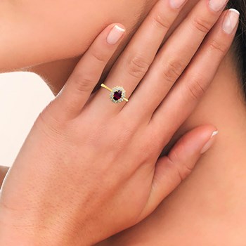 Bague Femme - Plaqué Or - Oxyde de zirconium - Pierre de synthèse rouge