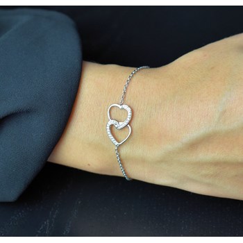 Bracelet 2 coeurs superposés sertis d'oxydes de zirconium Argent 925 Rhodié