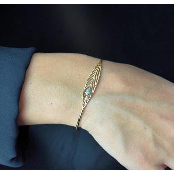 Bracelet jonc plume perle bleu turquoise Plaqué OR 750 3 microns