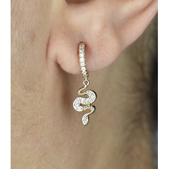 Boucles d'oreilles Mini Créoles serpent pendant serti d'oxydes de zirconium Plaqué or 750 3 microns