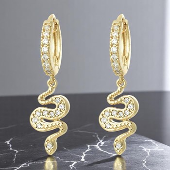 Boucles d'oreilles Mini Créoles serpent pendant serti d'oxydes de zirconium Plaqué or 750 3 microns