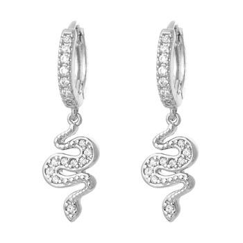Boucles d'oreilles Mini Créoles serpent pendant serti d'oxydes de zirconium Argent 925 Rhodié