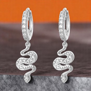 Boucles d'oreilles Mini Créoles serpent pendant serti d'oxydes de zirconium Argent 925 Rhodié