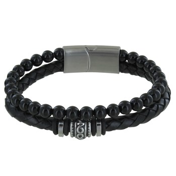 Bracelet Acier Homme Cuir Noir et Perles d'Onyx Noir - taille 21 cm
