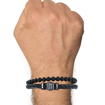 Bracelet Acier Homme Cuir Noir et Perles d'Onyx Noir - taille 21 cm