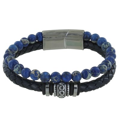 Bracelet Cuir Triple Noir et Bleu avec Perles & Acier - Bracelets
