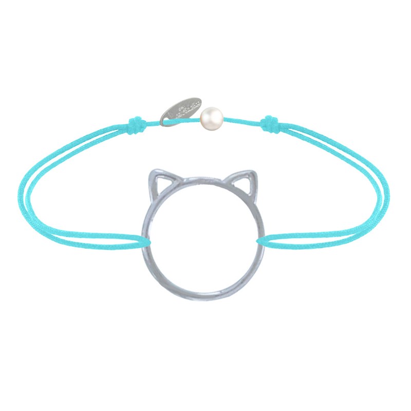 Bracelet Lien Médaille Argent 925 Tête de Chat Ajouré - Turquoise