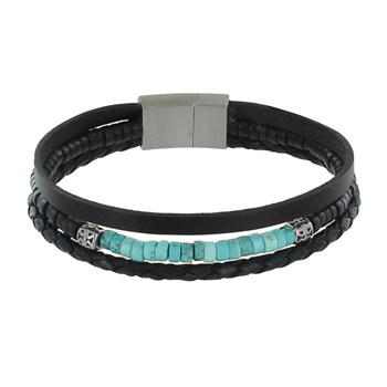 Bracelet Acier Homme Cuir Noir Trois Liens et Anneaux Howlite Turquoise - taille 20 cm