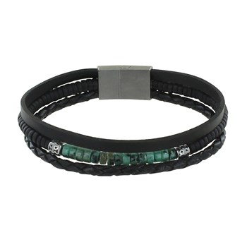 Men's Black Leather Steel Bracelet with Green Howlite Rings - size 20 cm