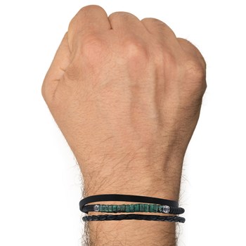 Men's Black Leather Steel Bracelet with Green Howlite Rings - size 20 cm