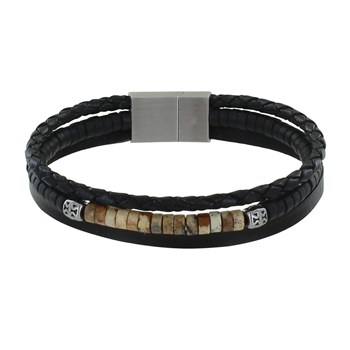 Steel Bracelet Man Black Leather Three Links and Rings Tiger Eye - size 20 cm