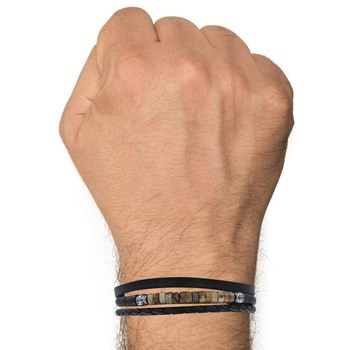 Steel Bracelet Man Black Leather Three Links and Rings Tiger Eye - size 20 cm