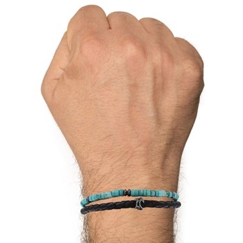 Bracelet Acier Homme Cuir Noir et Anneaux Turquoise - taille 20 cm