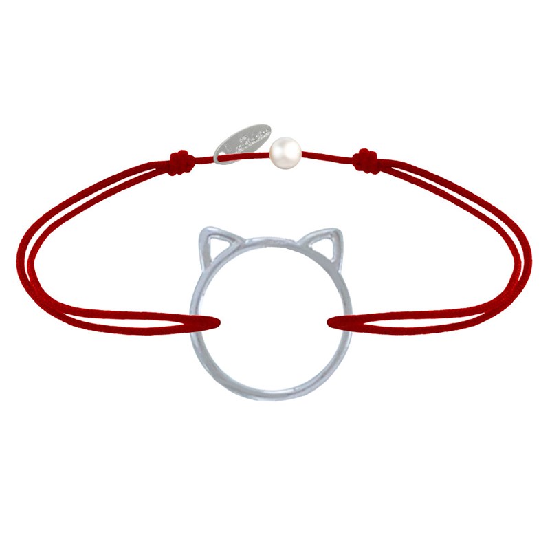 Bracelet Lien Médaille Argent 925 Tête de Chat Ajouré - Rouge