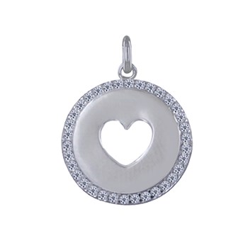 Pendentif Argent 925 Rhodié Médaille Ronde Coeur Ajouré et Strass