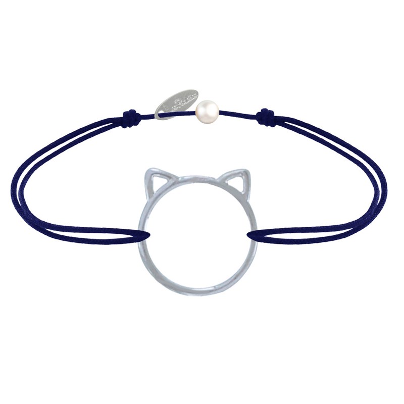Bracelet Lien Médaille Argent 925 Tête de Chat Ajouré - Bleu Navy