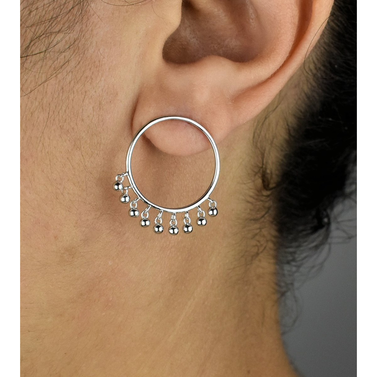 Boucles d'oreilles cercle pampilles pendants boules Argent 925 Rhodié - vue 2