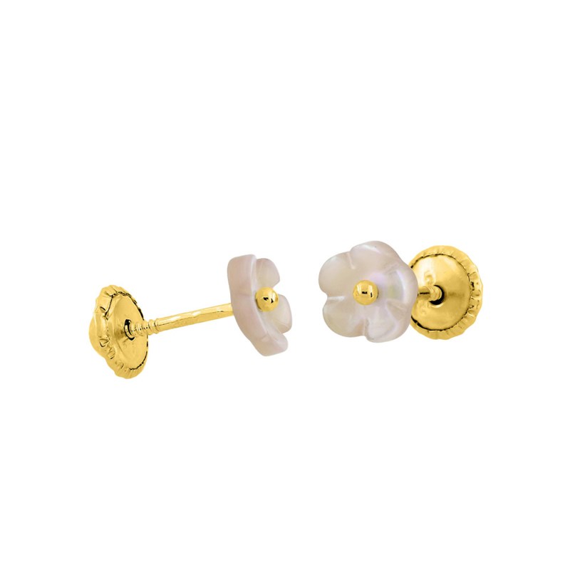 Boucles d'oreilles enfant - Clou - Or 9 Carats - Nacre - Fleur - vue 2