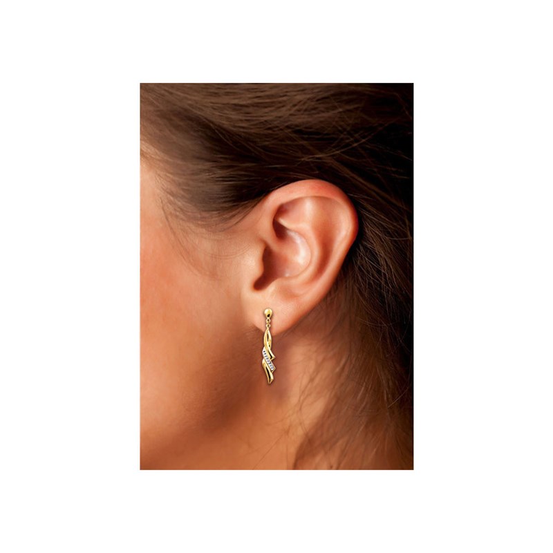 Boucles d'oreilles bicolores pendantes femme - Oxydes de zirconium - Or 9 Carats - vue 3