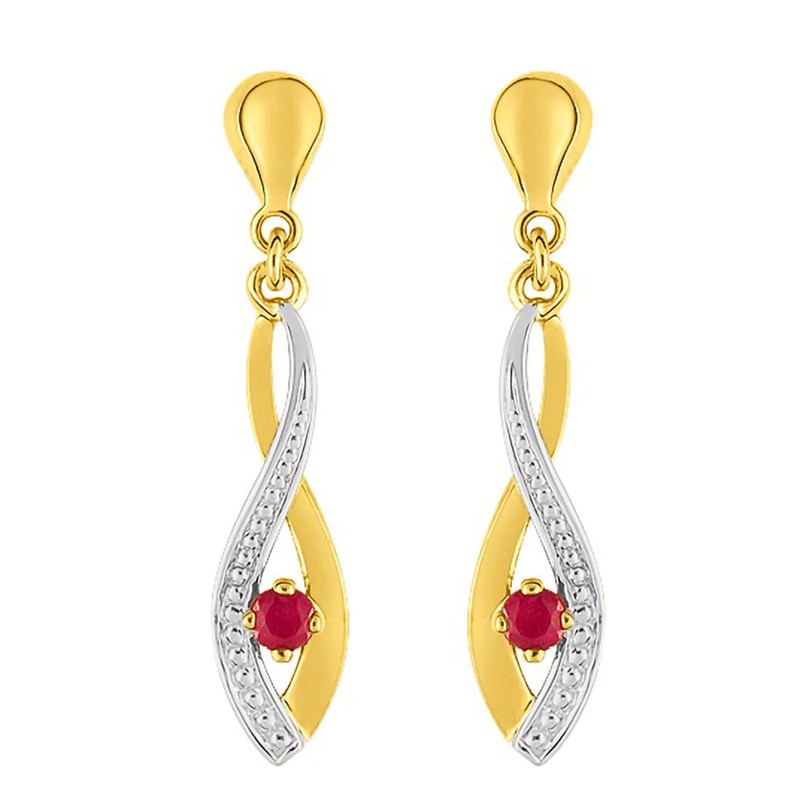 Boucles d'oreilles bicolores pendantes femme - rubis - Or 9 Carats