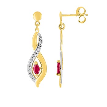 Boucles d'oreilles bicolores pendantes femme - rubis - Or 9 Carats