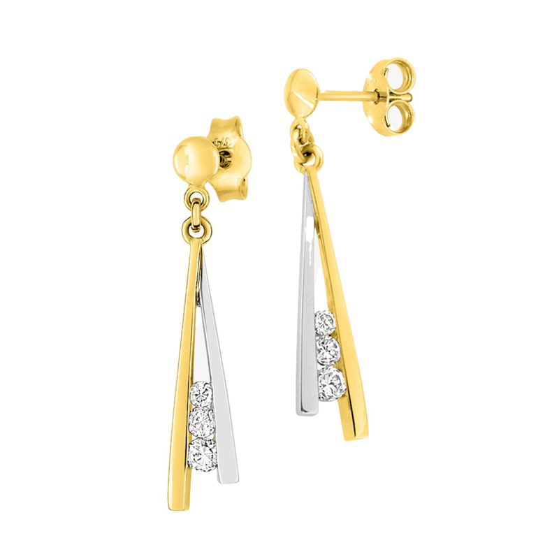 Boucles d'oreilles femme pendantes - bicolores - oxyde de zirconium - Or 18 Carats - vue 2