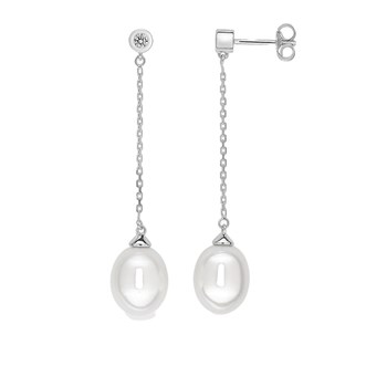 Boucles d'oreilles pendantes Femme - Or 18 Carats - Perle et Diamant 0,07 Carats