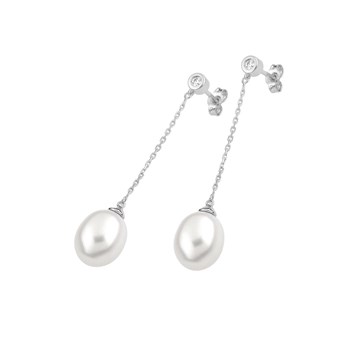Boucles d'oreilles pendantes Femme - Or 18 Carats - Perle et Diamant 0,07 Carats