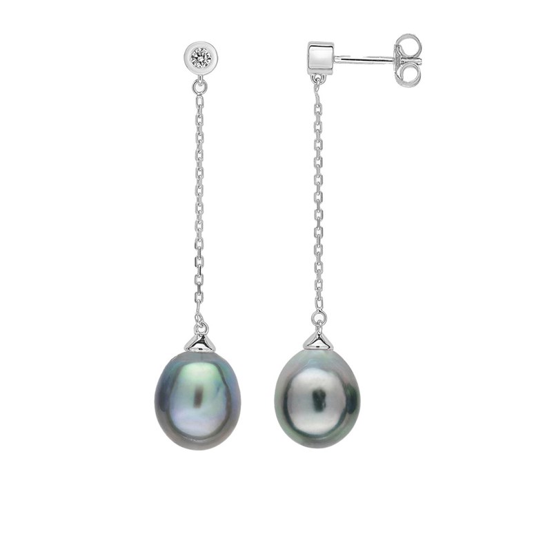 Boucles d'oreilles Femme pendantes - Or 18 Carats - Perle et Diamant 0,07 Carats
