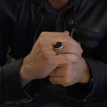 Bague Homme Argent Dore Onyx oeil Noir