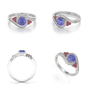 Bague ADEN Or 585 Blanc Tanzanite Rubis et diamants 2.702grs