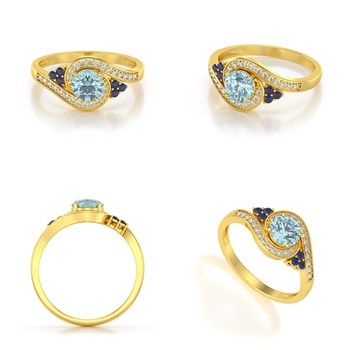 Bague ADEN Or 585 Jaune Aigue-Marine Saphir et diamants 2.702grs