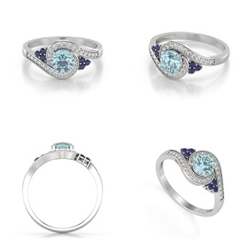 Bague ADEN Or 585 Blanc Aigue-Marine Saphir et diamants 2.702grs