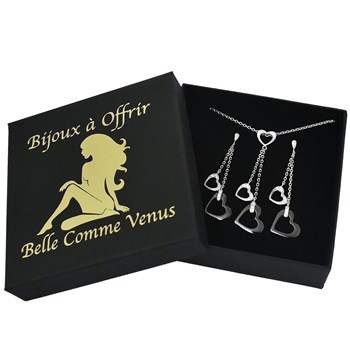 Parure coeurs oxyde de zirconium et céramique noire Argent 925 Rhodié