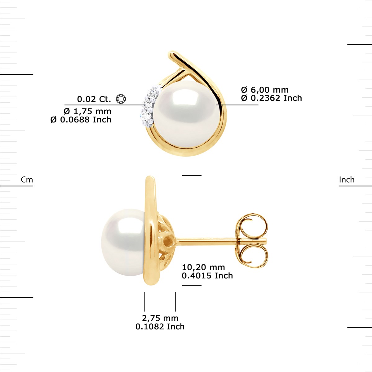 STELLA - Boucles d'Oreilles Perles 6-7 mm & Diamant Or Jaune - vue 3