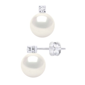 STELLA - Boucles d'Oreilles Perles 8-9 mm & Diamant Or Blanc
