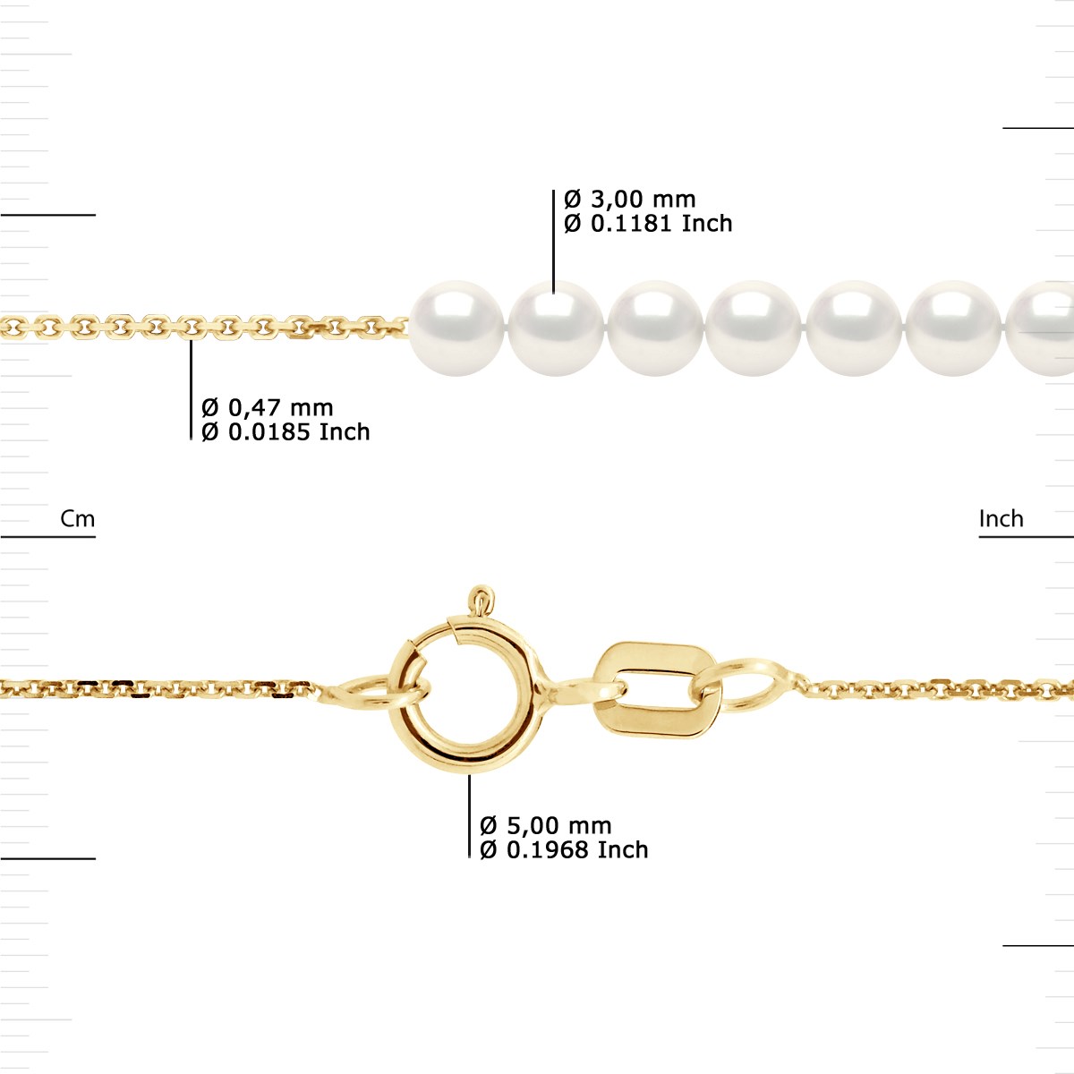 Collier Gourmette - 15 Véritables Perles de Culture d'Eau Douce Rondes 3-4 mm - Blanc Naturel - Or Jaune - vue 3