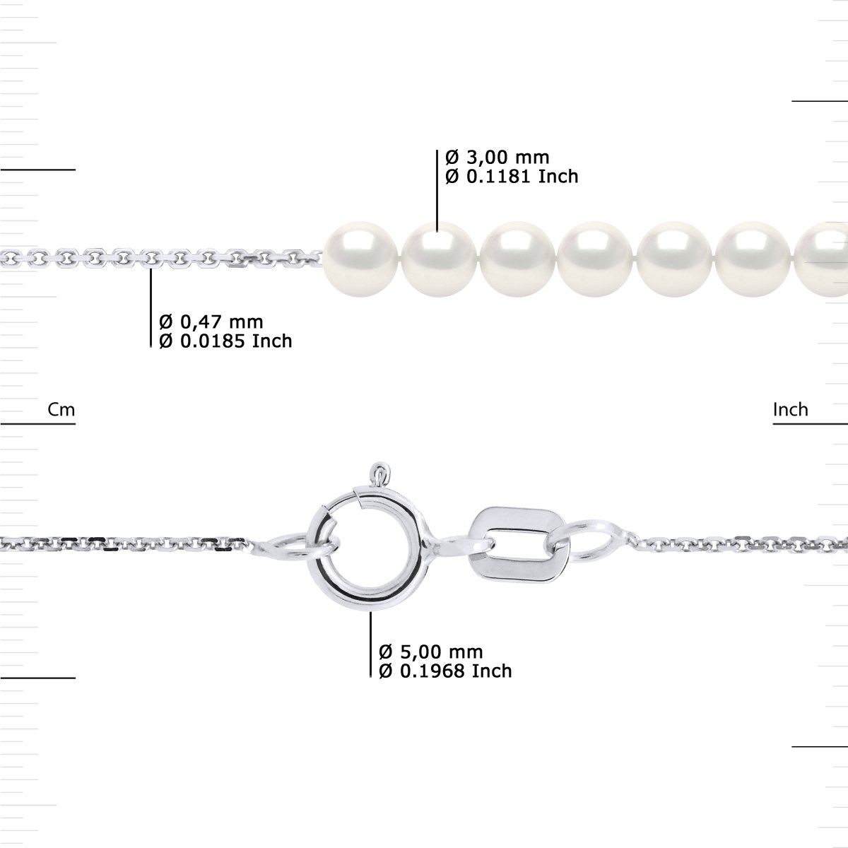 Collier Gourmette - 15 Véritables Perles de Culture d'Eau Douce Rondes 3-4 mm - Blanc Naturel - Or Blanc - vue 3