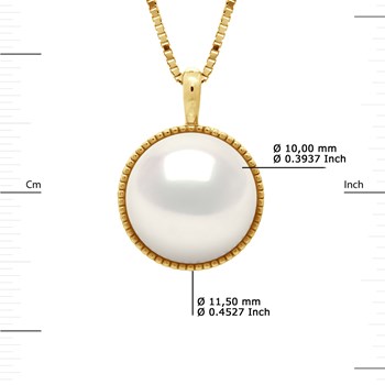 Collier Bélière Entourage Diamanté - Véritable Perle de Culture d'Eau Douce Bouton 10-11 mm - Blanc Naturel - Or Jaune