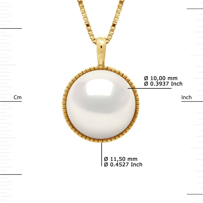 Collier Bélière Entourage Diamanté - Véritable Perle de Culture d'Eau Douce Bouton 10-11 mm - Blanc Naturel - Or Jaune - vue 3