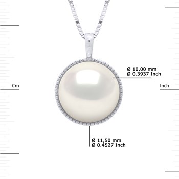 Collier Bélière Entourage Diamanté - Véritable Perle de Culture d'Eau Douce Bouton 10-11 mm - Blanc Naturel - Or Blanc