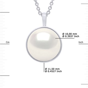 Collier Bélière Entourage Lisse - Véritable Perle de Culture d'Eau Douce Bouton 10-11 mm - Blanc Naturel - Or Blanc