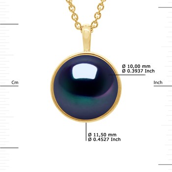 Collier Bélière Entourage Lisse - Véritable Perle de Culture d'Eau Douce Bouton 10-11 mm - Black Tahiti - Or Jaune