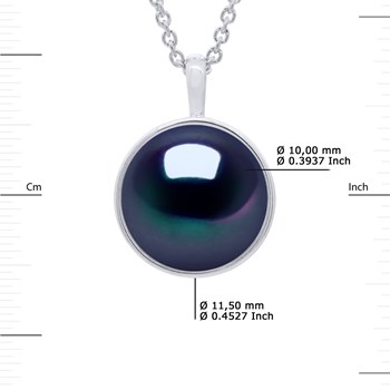 Collier Bélière Entourage Lisse - Véritable Perle de Culture d'Eau Douce Bouton 10-11 mm - Black Tahiti - Or Blanc