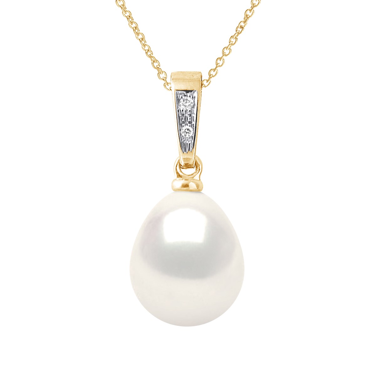 Pendentif Joaillerie Diamants 0,01 Cts - Véritable Perle de Culture d'Eau Douce Poire 9-10 mm - Blanc Naturel - Or Jaune